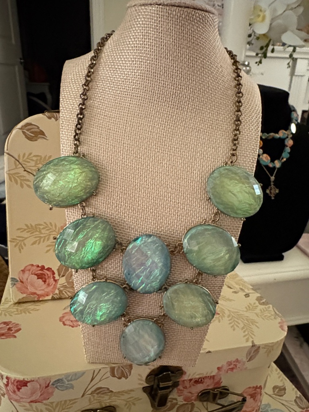 Statement Green Iridescent Shell Bib Necklace with earrings